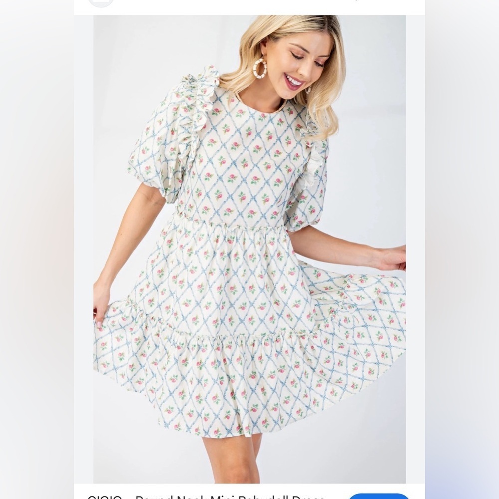 Gigio Round neck mini babydoll Tiered Cottage core puff sleeves trellis Dress Sm